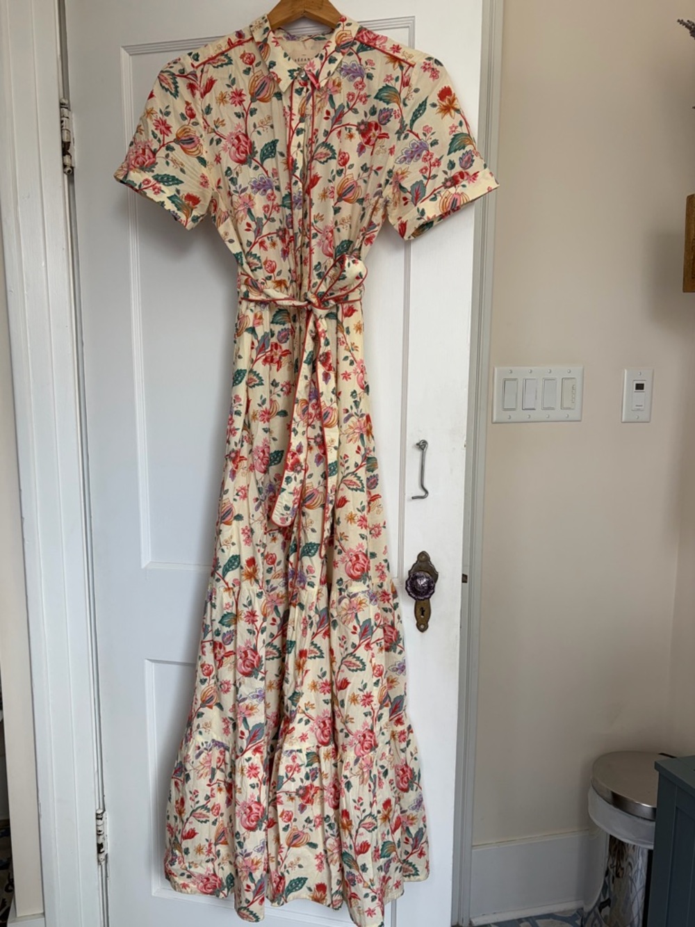 Sezane Floral Cream Maxi Dress with Tie Waist